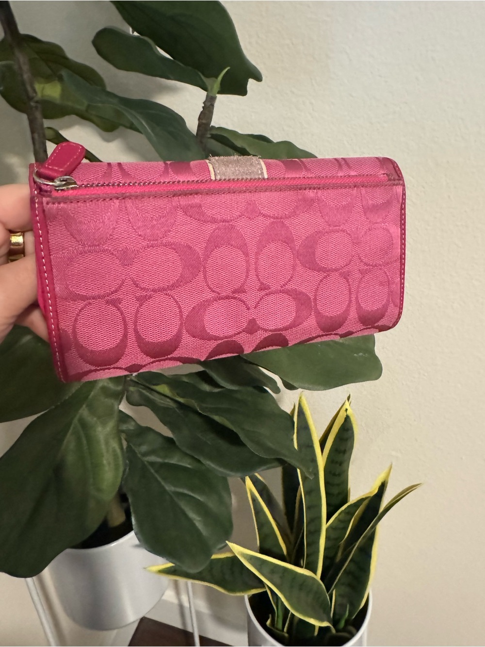 Coach - Fuchsia Pink - Signature Monogram Jacquard - Trifold Wallet - Picture 2 of 8